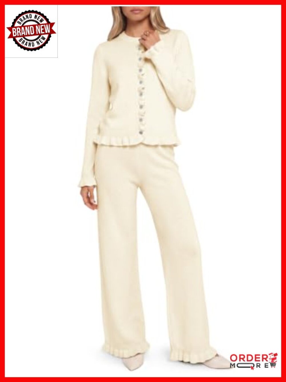 Ruffle Sweater Lounge Set Button Knit 2 Piece Wide Leg Pants Outfit